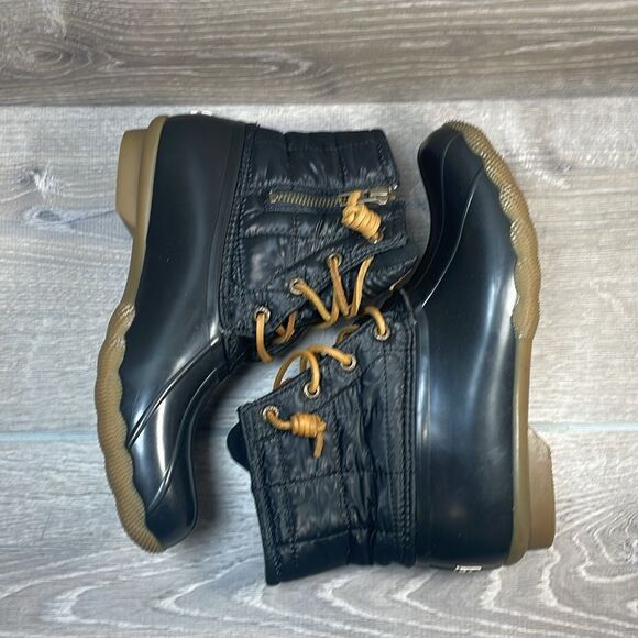 Sperry Top Sider Saltwater Black Quilted Women’s Sz 8 Tan Rubber Rain Duck Boots - Picture 9 of 11